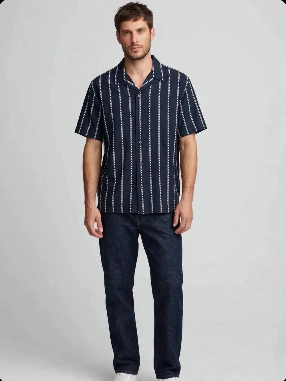 Banana Republic L Mens Navy White Dobby Stripe Camp Collar Shirt